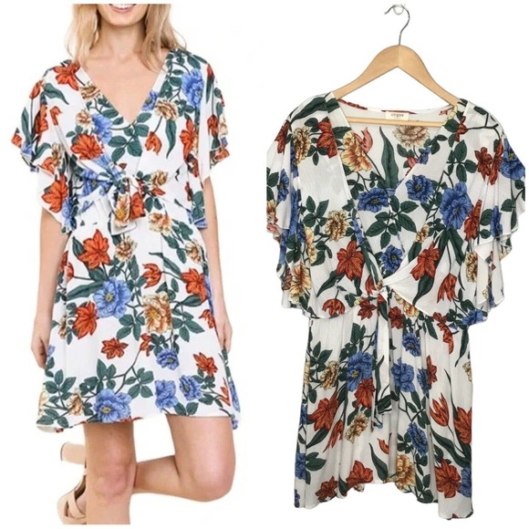 Umgee Dresses & Skirts - Umgee Tropical Floral Flare Sleeve Tie Front Fit Dress L
